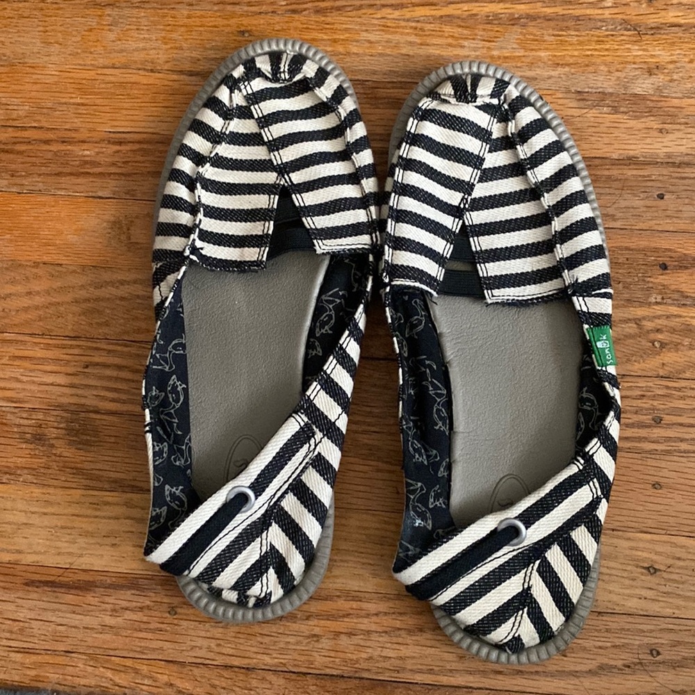 Sanuk Black & White Striped Canvas Slip-Ons
